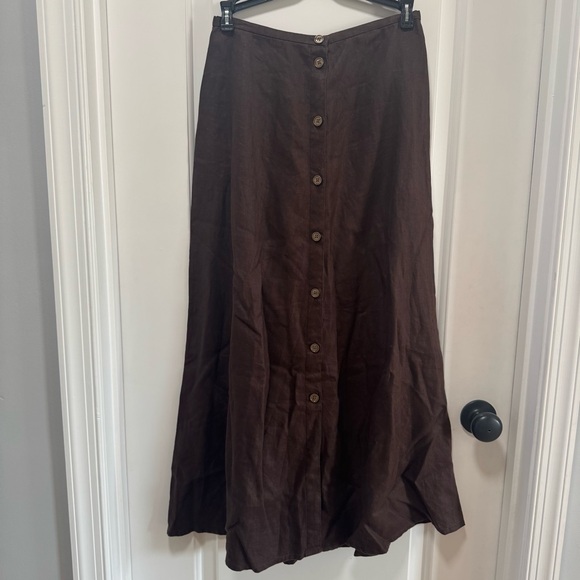 Eddie Bauer size 6 100% Linen Midi Skirt Chocolate Brown Button Front A-Line - Picture 1 of 11